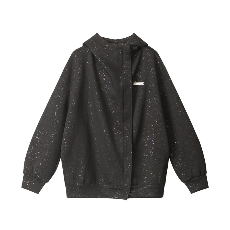 Nariele Shimmer metal label loose sweatshirt Snow Fleck Zipper Jacket