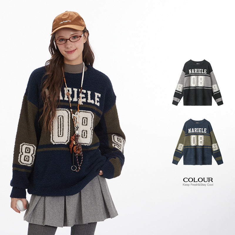 Nariele Unisex Loose Letter College Style Crew Neck Pullover Knit Sweater