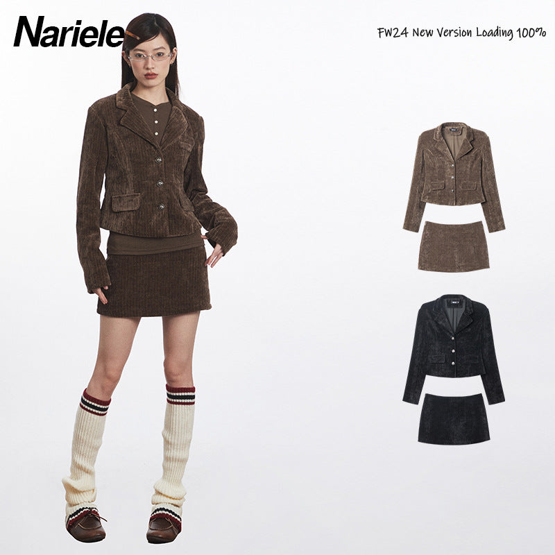 Nariele High Waist Slim Solid Corduroy Short Skirt