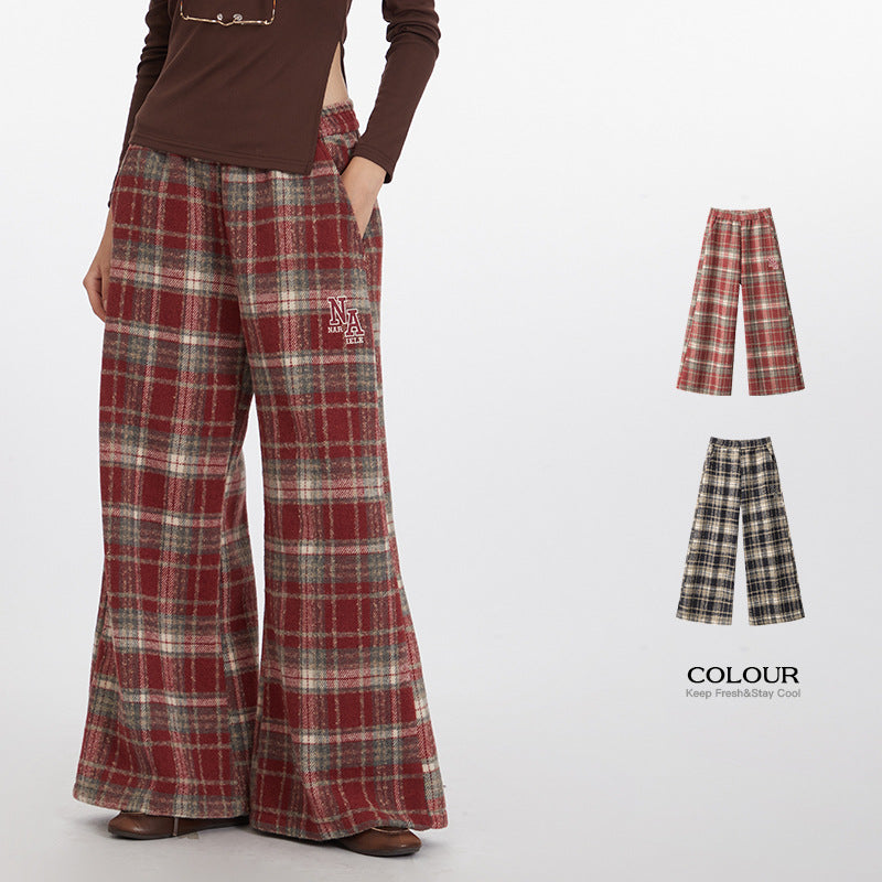 Nariele High Waist Casual Pants Casual Plaid Trendy Loose Wide Leg Pants