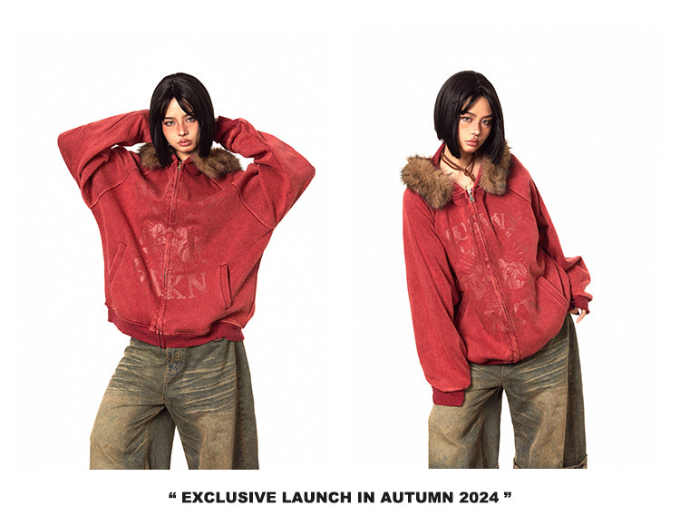 سترة BLACKBB ذات ياقة من الفرو البني الأمريكي بسحاب وطبعة