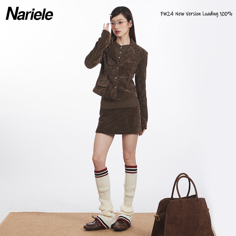 Nariele High Waist Slim Solid Corduroy Short Skirt