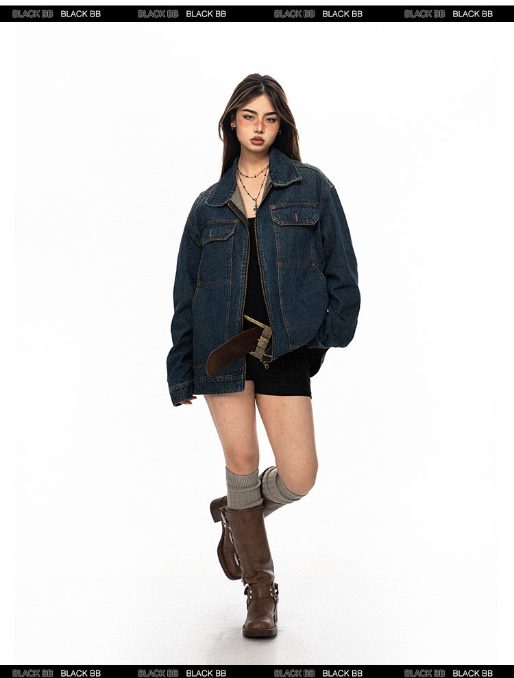 BLACKBB American Vintage Embroidery Washed Gradient Denim Zipper Up Jacket