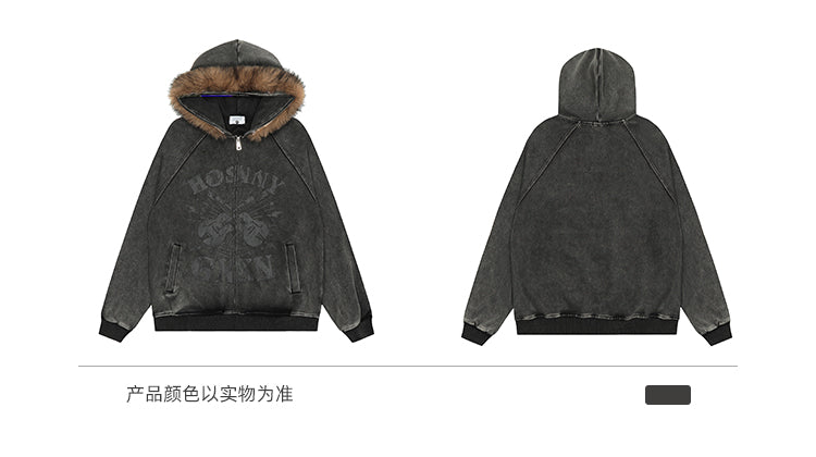 سترة BLACKBB ذات ياقة من الفرو البني الأمريكي بسحاب وطبعة