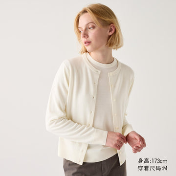 Uniqlo Women's Worsted Merino Wool Crew Neck Knitted Cardigan Long Sleeve Tee