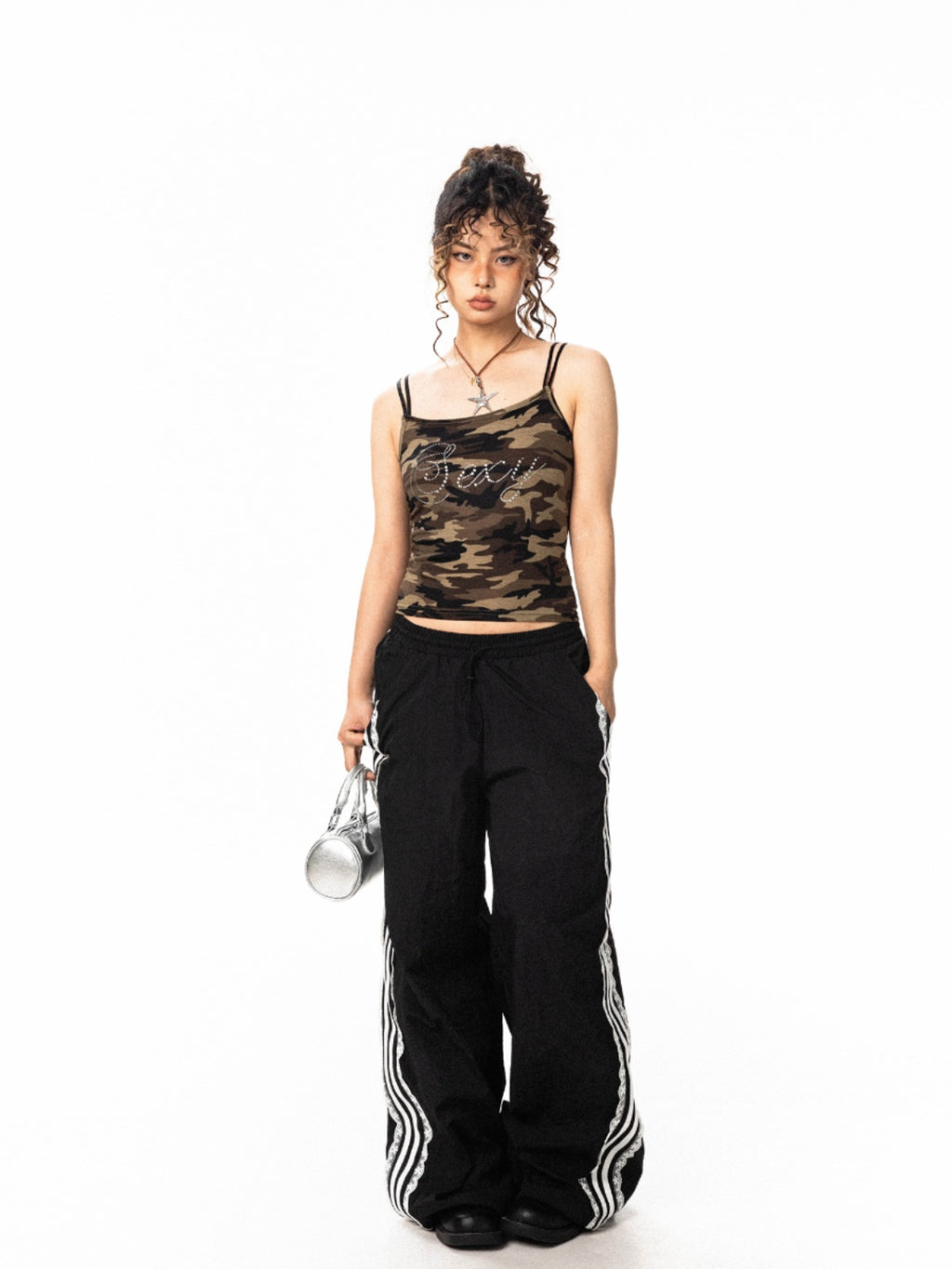 BLACKBB Lace Trim Striped Wide Legs Pants Design