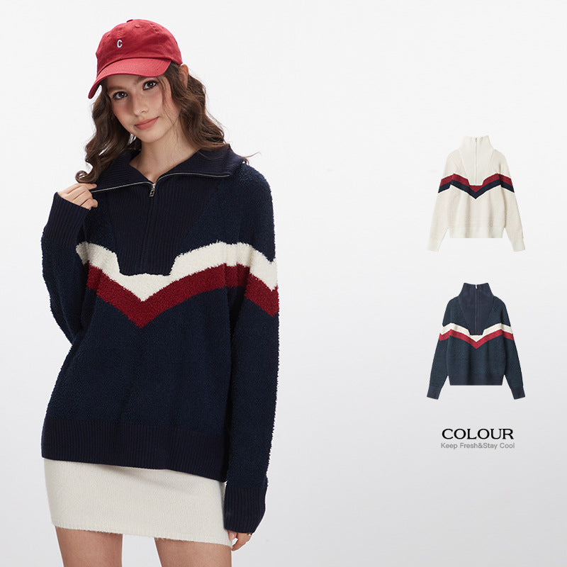 Nariele American Retro Style Striped Knit Loose Pullover Sweater