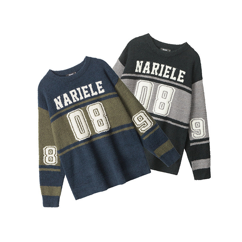 Nariele Unisex Loose Letter College Style Crew Neck Pullover Knit Sweater