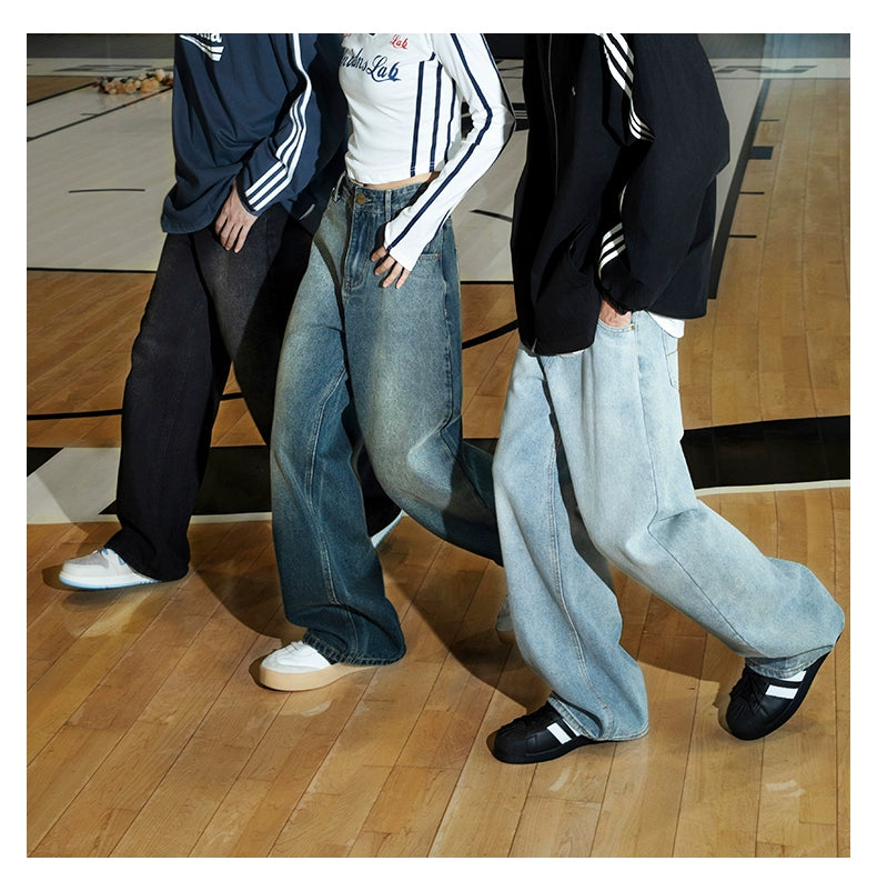Lemanism Retro Wash Jeans Loose Straight Wide-leg