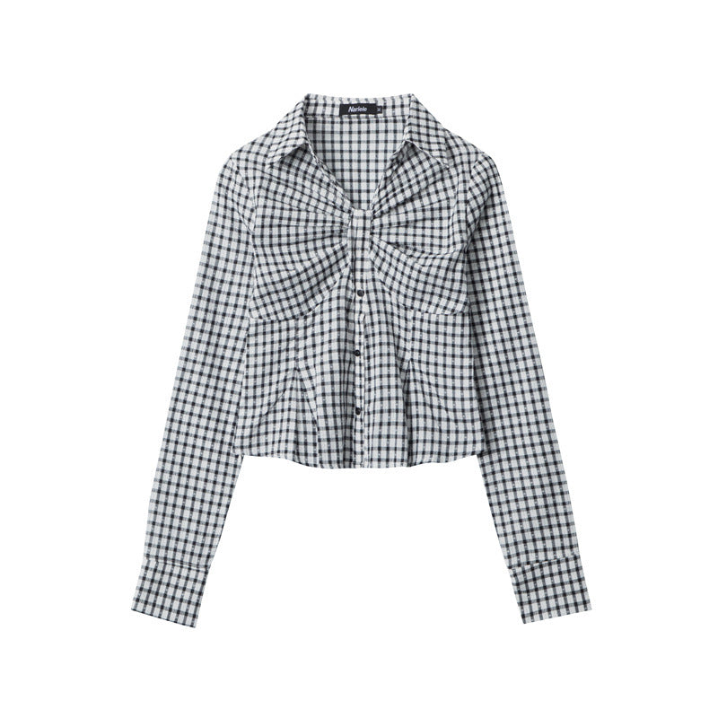 Nariele Plaid Ruffle Design New Shirt Long Sleeve Women's Crop Slim Shirt Girl Style Top