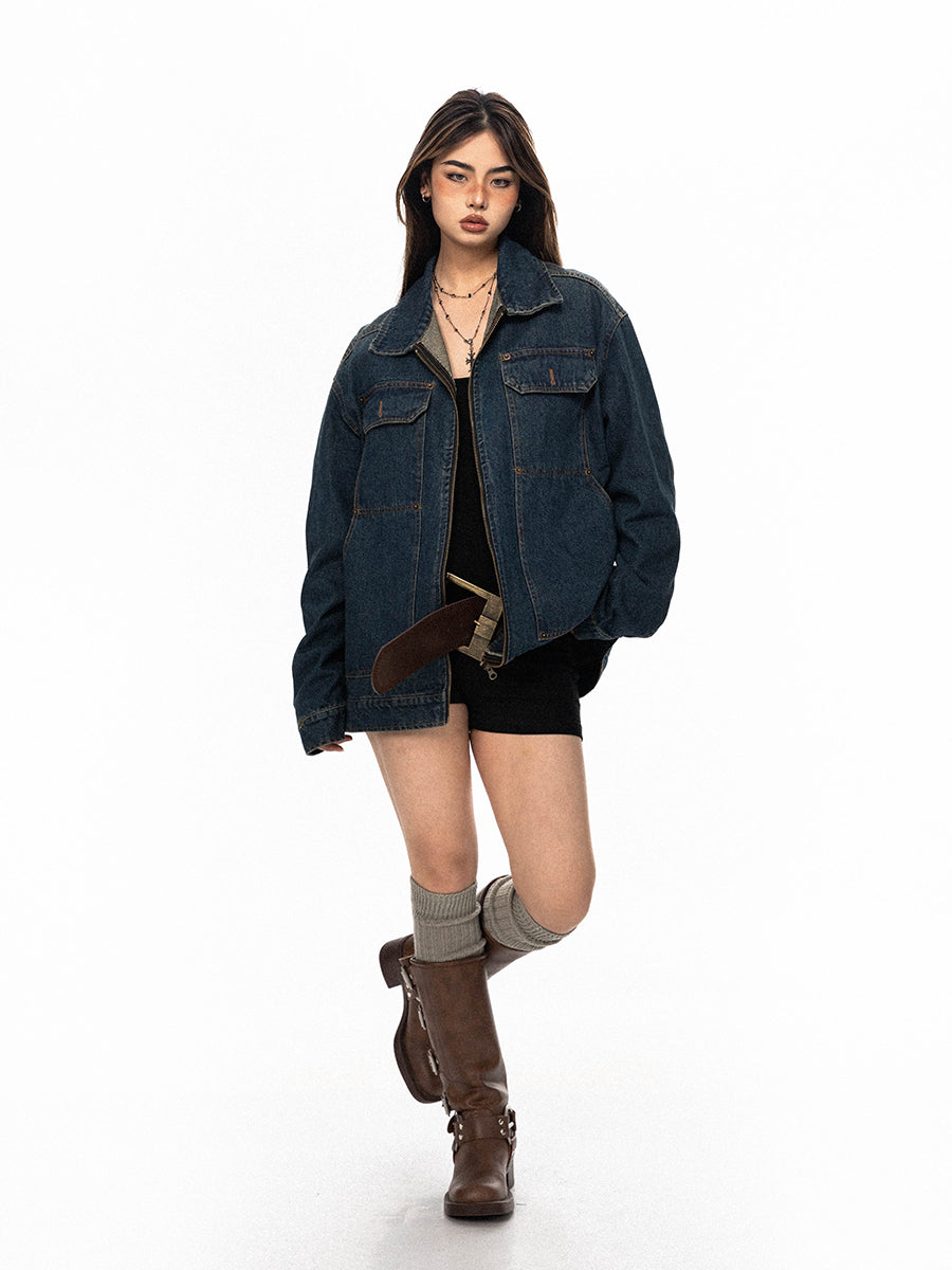 سترة BLACKBB أمريكية عتيقة مطرزة بسحاب من قماش الدنيم المتدرج