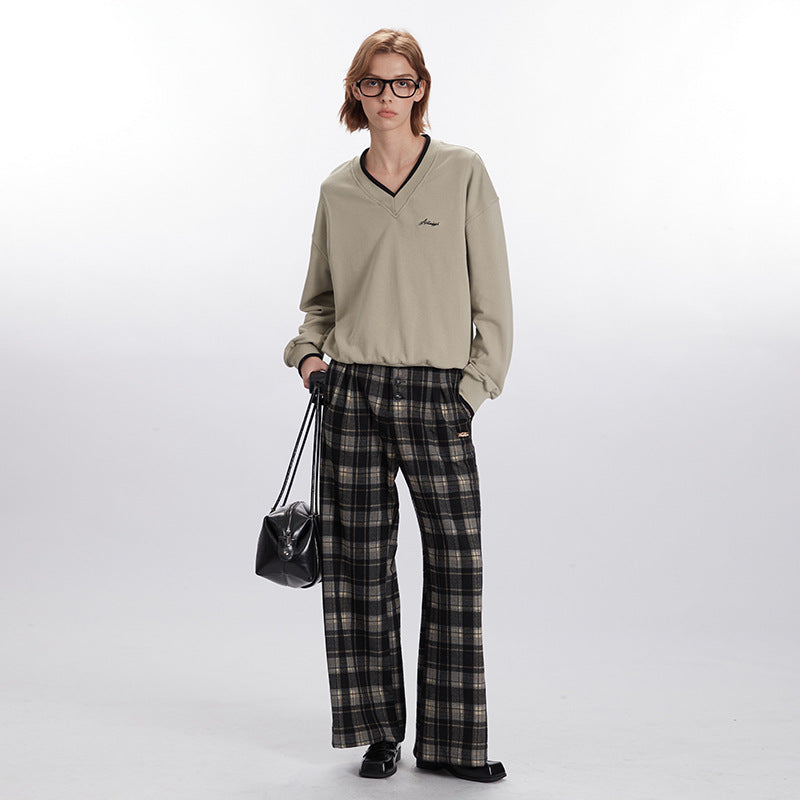 Nariele V-neck top lazy style new contrasting casual sweatshirt trendy retro loose long-sleeved Top