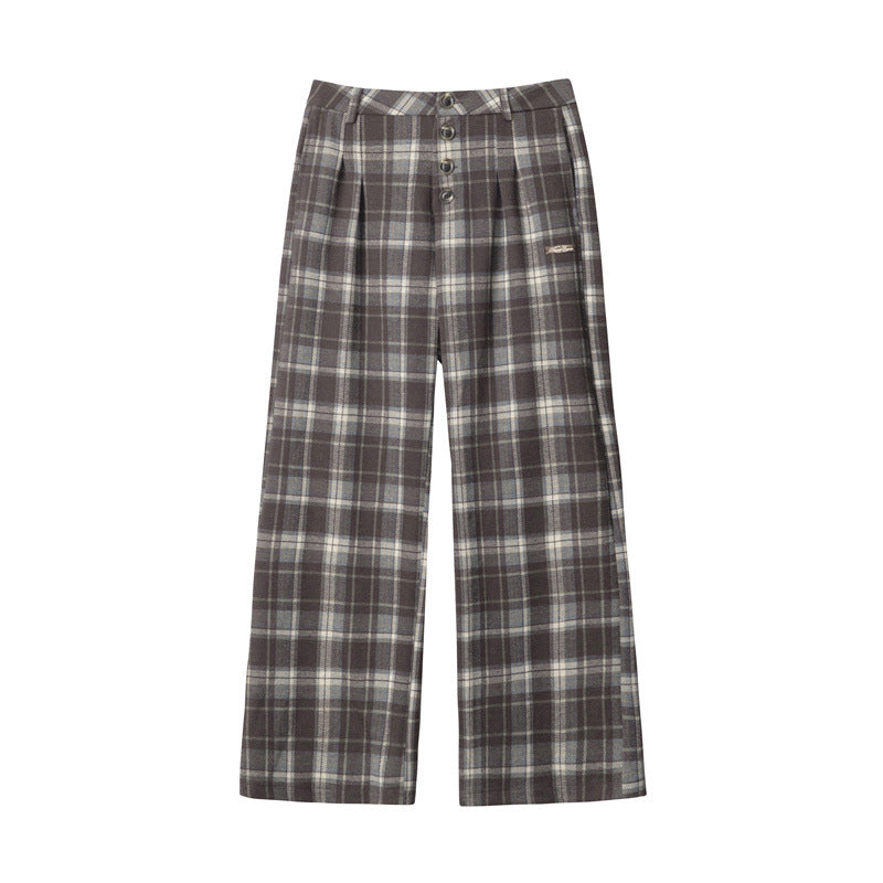 Nariele American Vintage Plaid Pants High Waist Wide Leg Straight Pants