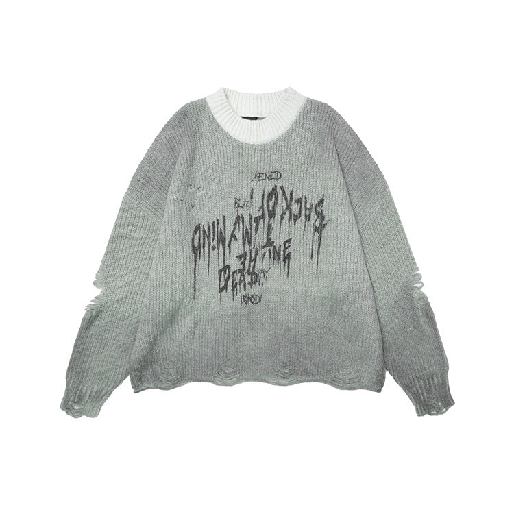 #OVDY street wear hollow ripped design round neck knitwear loose sweater