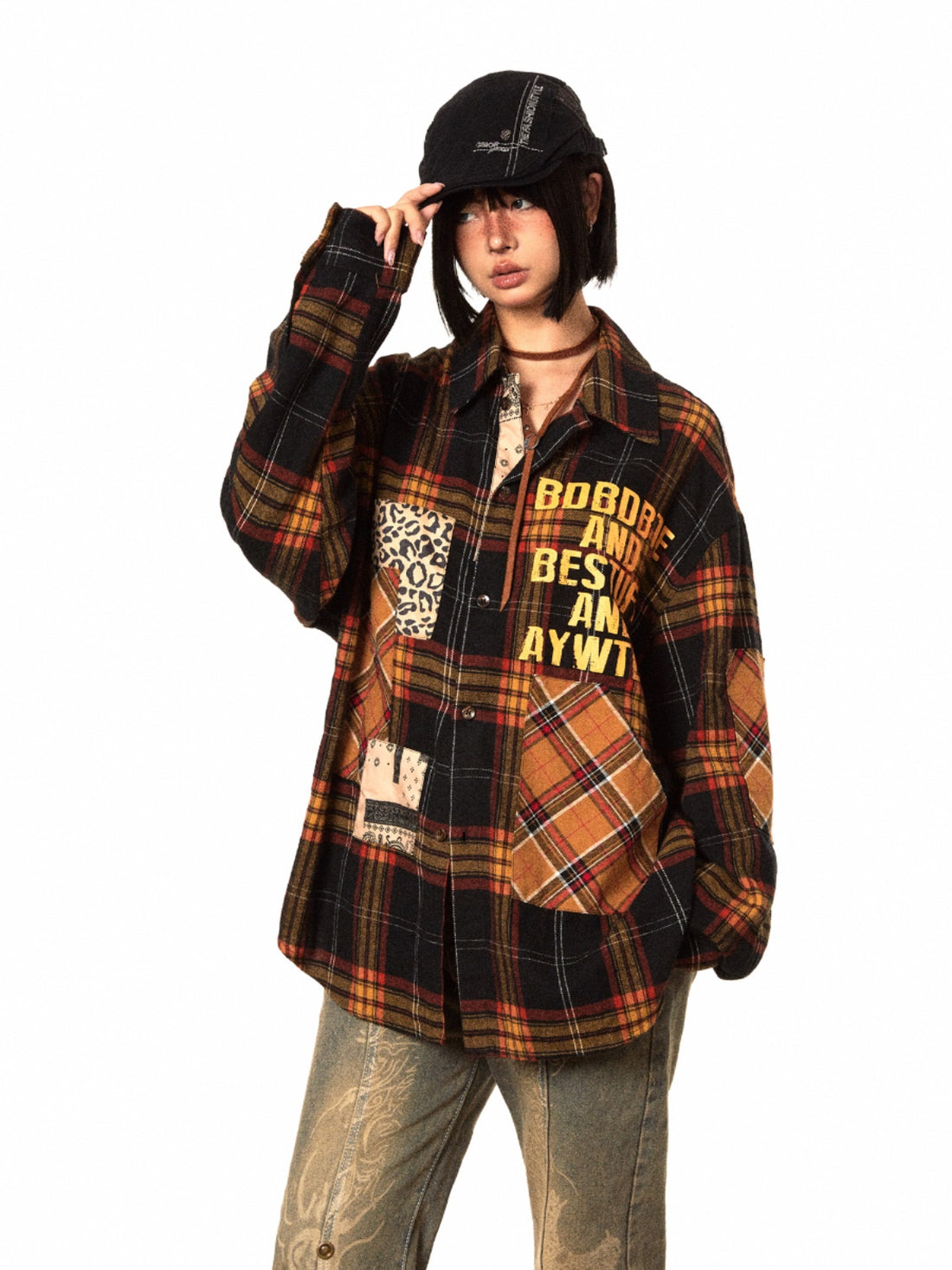 BLACKBB Retro Elements Patch Print Plaid Long Sleeve Shirt