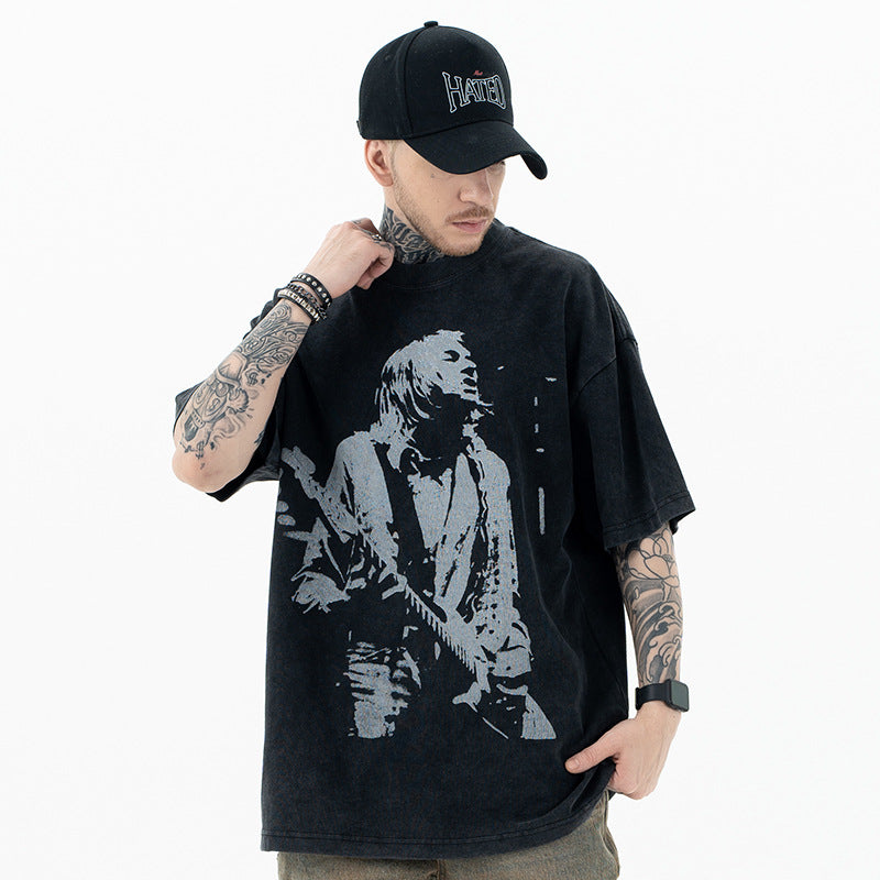 تي شيرت SUP أمريكي ثقيل الوزن ريترو روك جيتار مطبوع بأكمام قصيرة