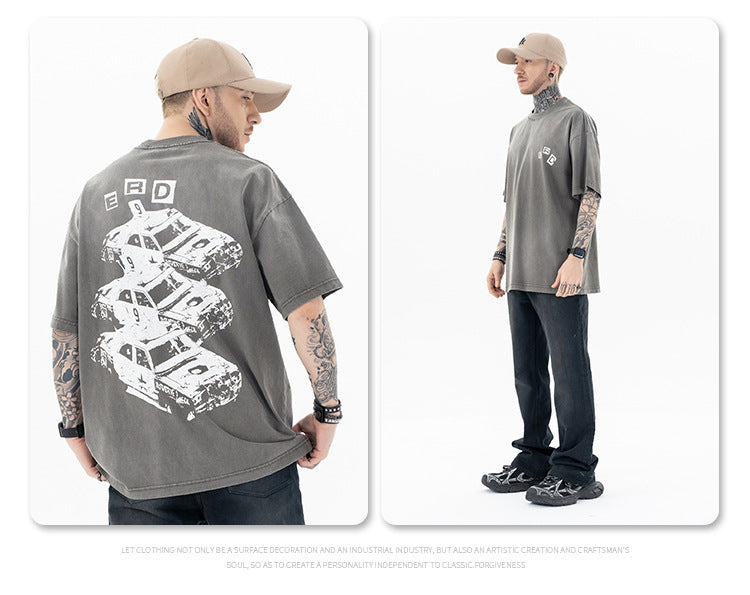 تي شيرت SUP ذو أكمام قصيرة مطبوع عليه شعار ثقيل متدرج أمريكي