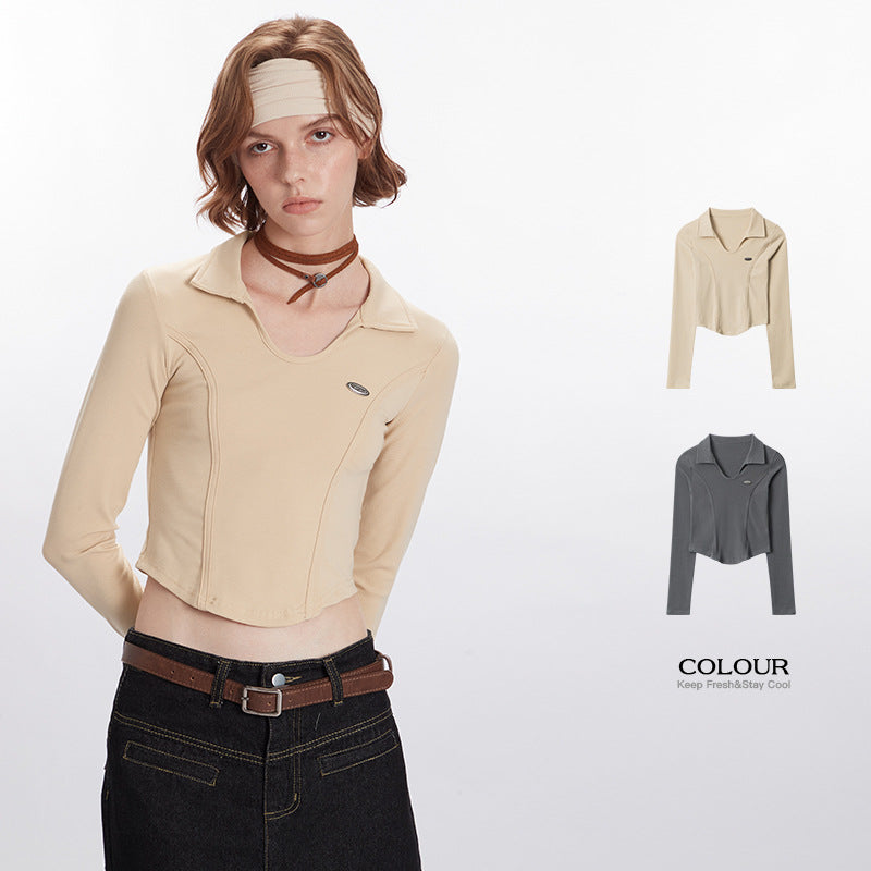Nariele Long Sleeve T-Shirt Women's Fall New Polo Slim Curved Babes Crop Top