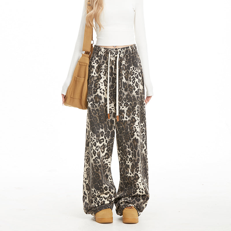 NERESUM leopard print retro cargo pants hip hop casual loose straight pants