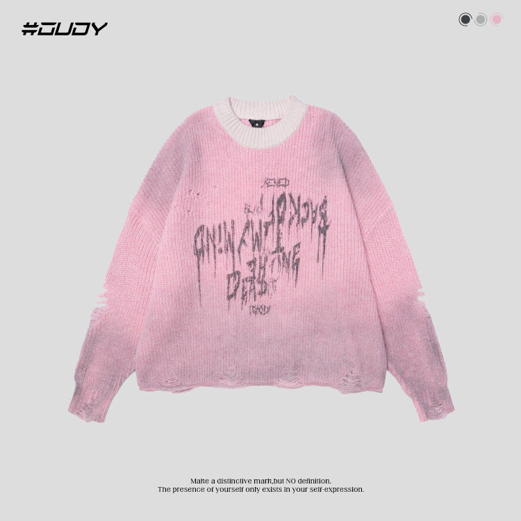 #OVDY street wear hollow ripped design round neck knitwear loose sweater