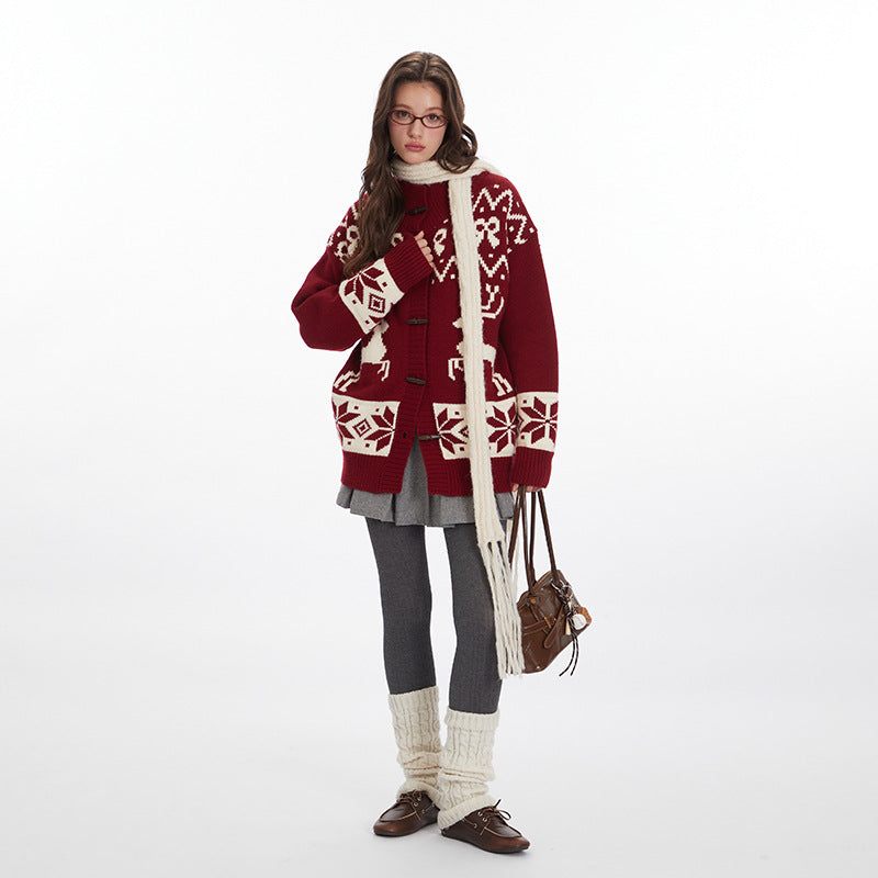 Nariele Christmas cardigan winter lazy loose knit buckle vintage sweater