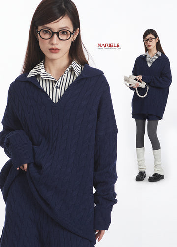 Nariele New Polo Collar Sweater Set Pullover Twist Knitting Shorts Top Set