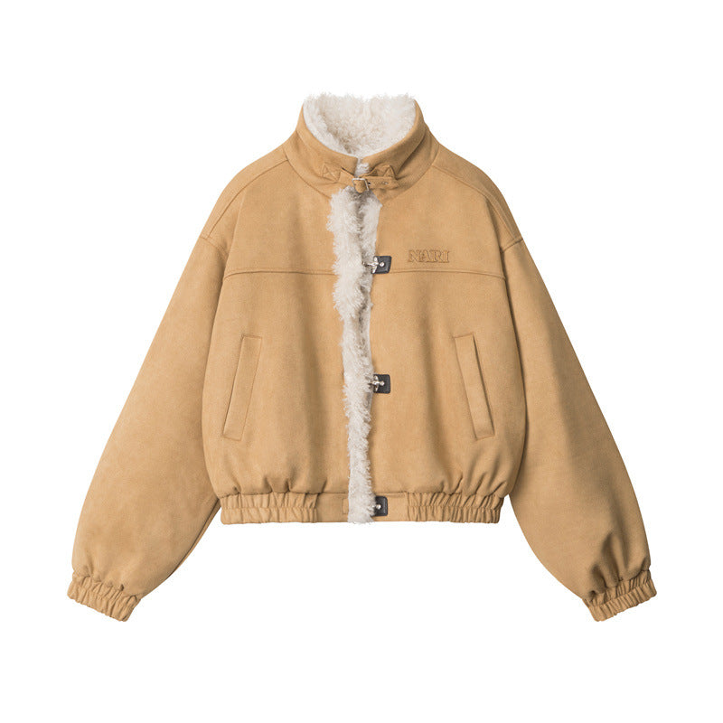 Nariele American retro stand collar Fur loose short  jacket