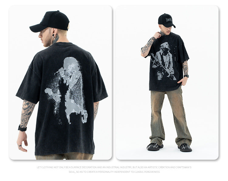 تي شيرت SUP أمريكي ثقيل الوزن ريترو روك جيتار مطبوع بأكمام قصيرة