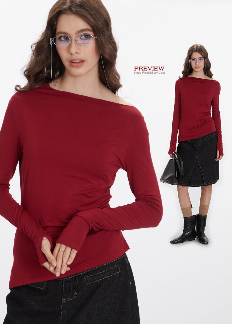 Nariele Elegant Irregular Slim T-Shirt Long Sleeve  Slope Collar Top