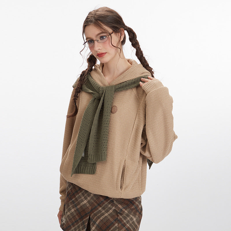 Nariele Retro Embroidered Label Pullover Hoodie Loose Sweatshirt