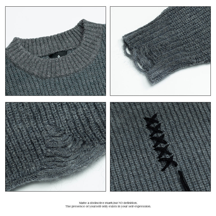 #OVDY street wear hollow ripped design round neck knitwear loose sweater