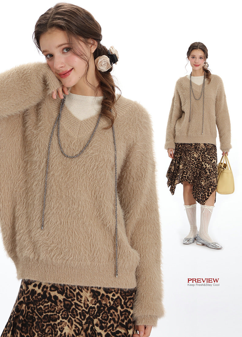 Nariele Trendy V Neck Loose Fluffy Knit Pullover Gentle Pullover Sweater