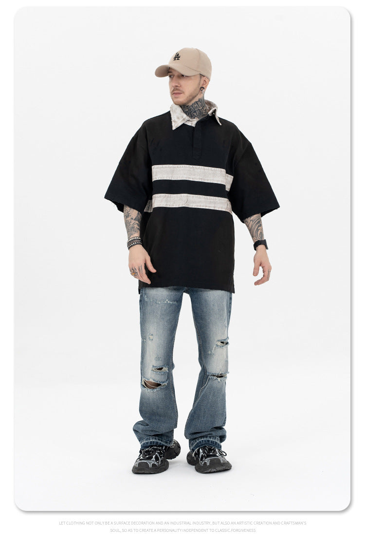 "clearance" FORGIVNESS Distressed Polo Dirty Dye Lapel Silhouette Double Short Sleeve Tee