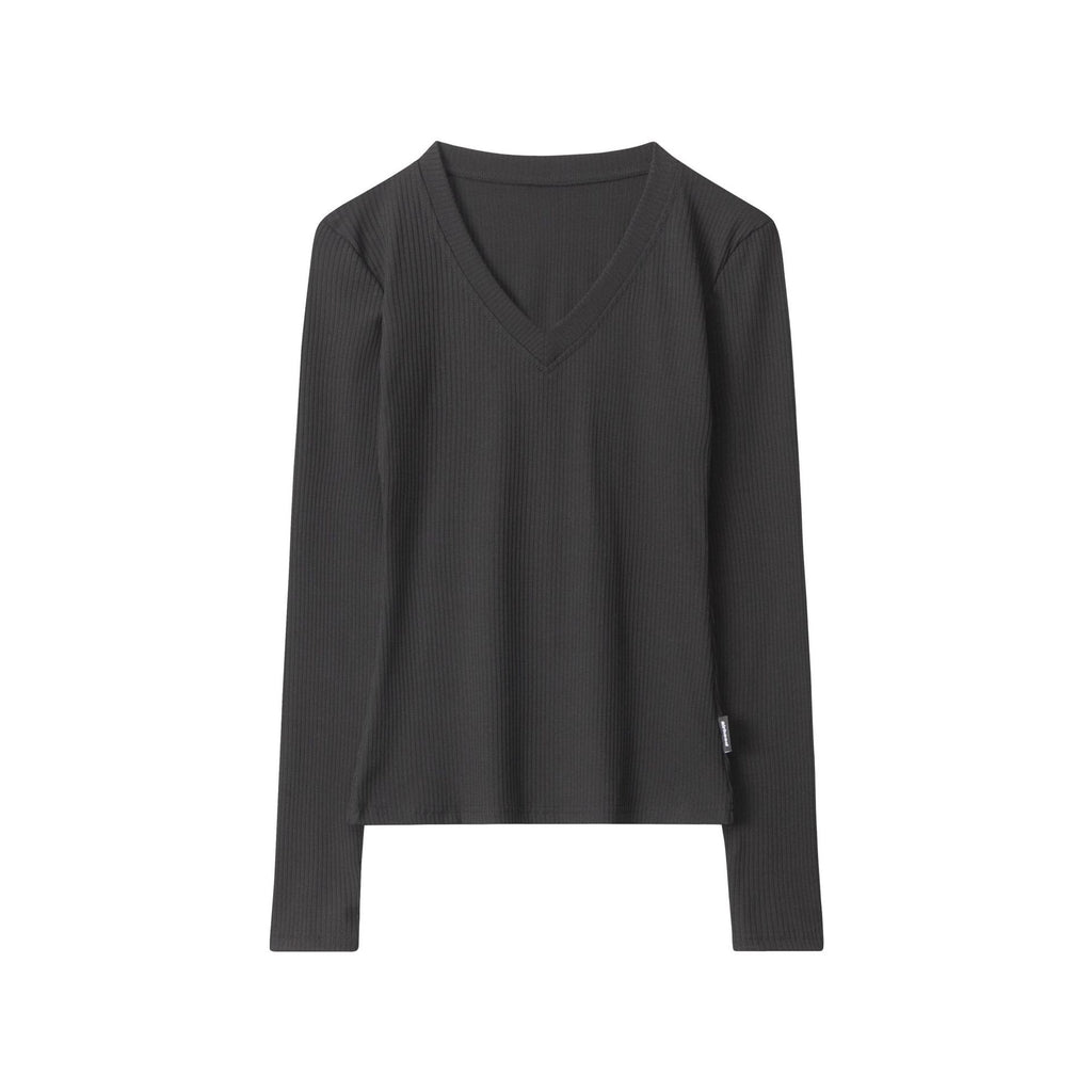 Nariele Deep V Neck Long Sleeve T-Shirt Slim Solid Top