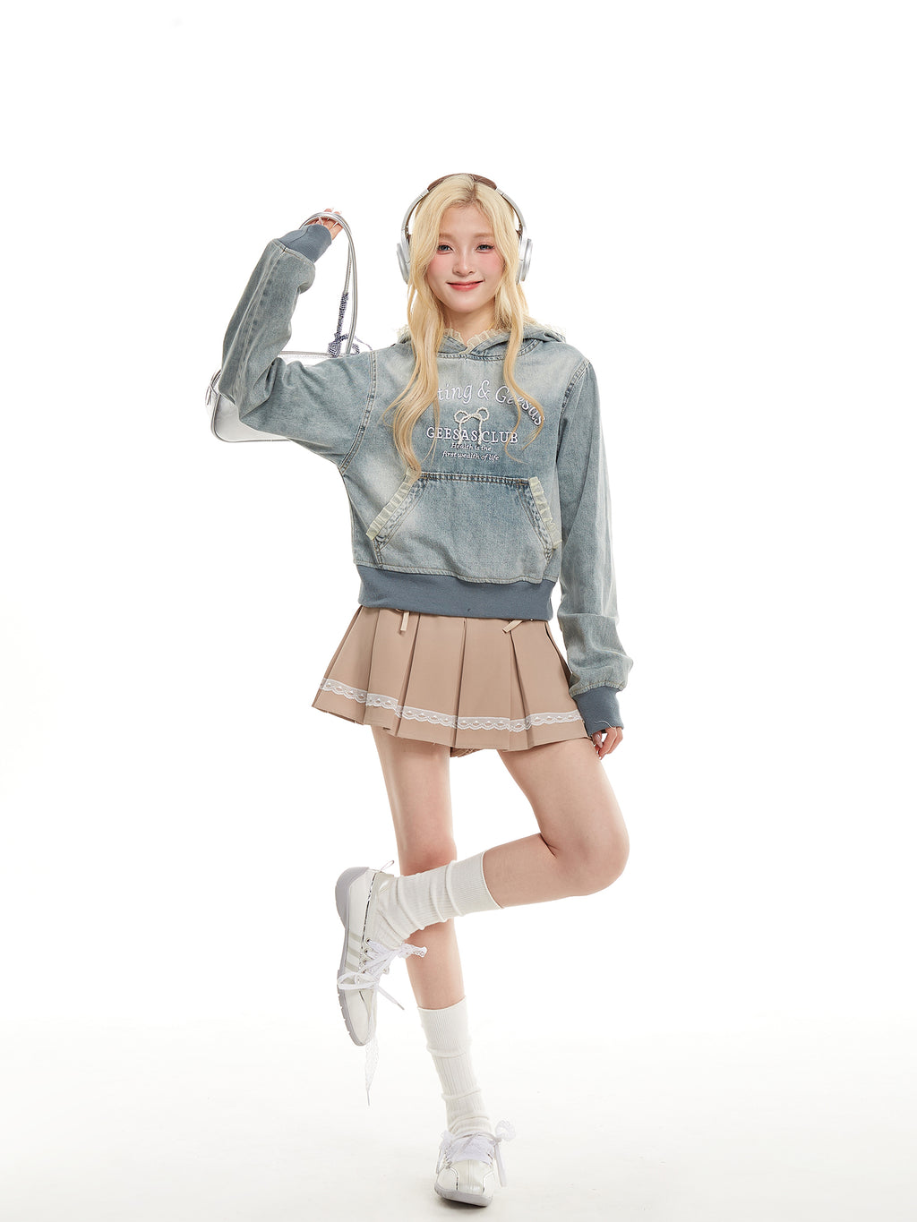 NERESUM Lace Patchwork Denim Hoodie Sweatshirt Trendy Preppy Street Cropped Hoodies