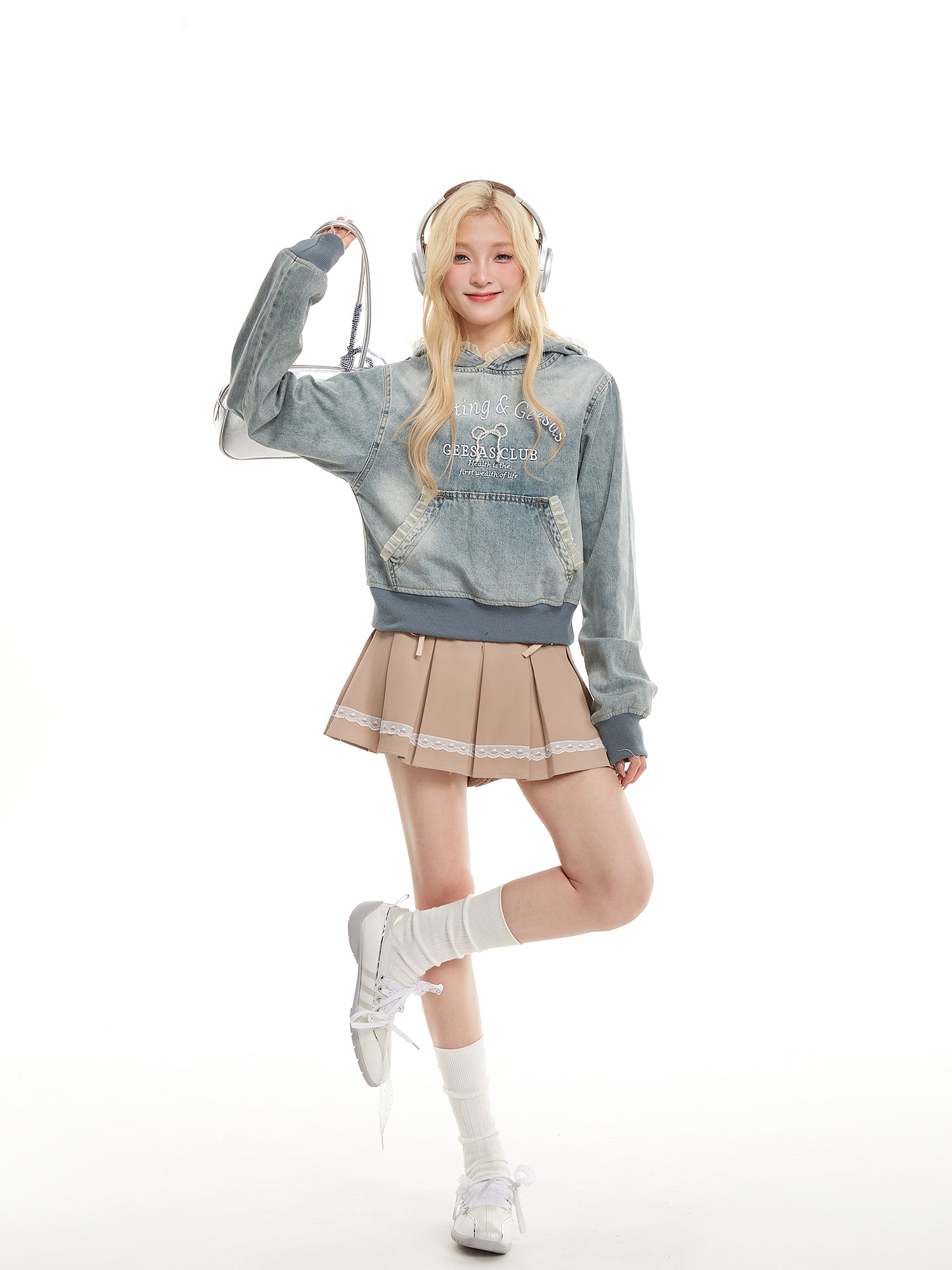 NERESUM Lace Patchwork Denim Hoodie Sweatshirt Trendy Preppy Street Cropped Hoodies