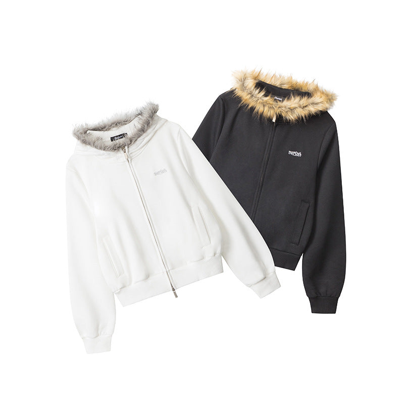 Nariele Fur Hood Embroidery Design Short Sweatshirt Zipper Hoodie