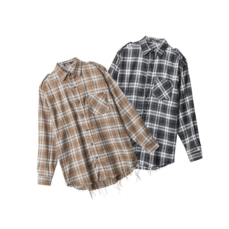 Nariele Plaid Shirt Long Sleeve Niche Design Unisex Shirt with Edges Loose Retro Top
