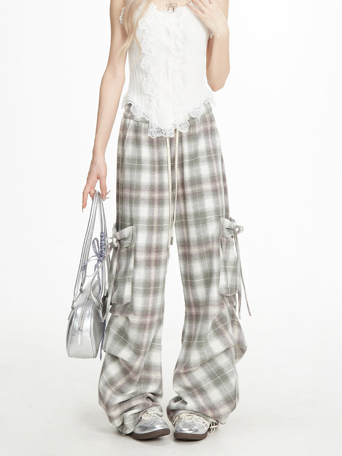 NERESUM Ballet Sweet Cool Bow Strappy Plaid Pants Slim Straight Casual Cargo Pants
