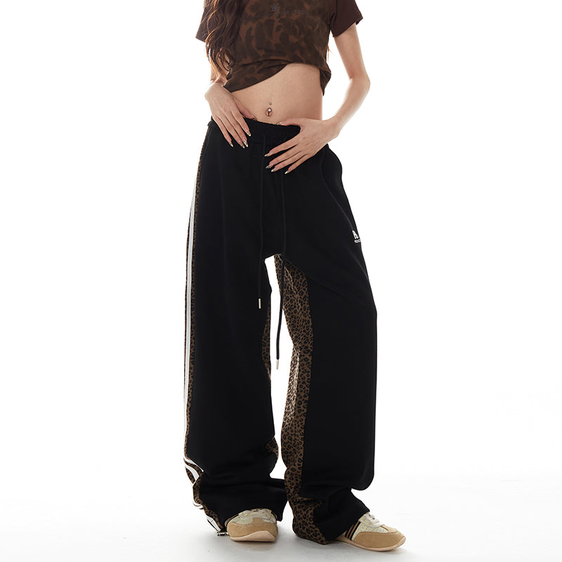 NERESUM leopard print sweatpants American retro hip hop loose striped sports straight-leg Sweatpants