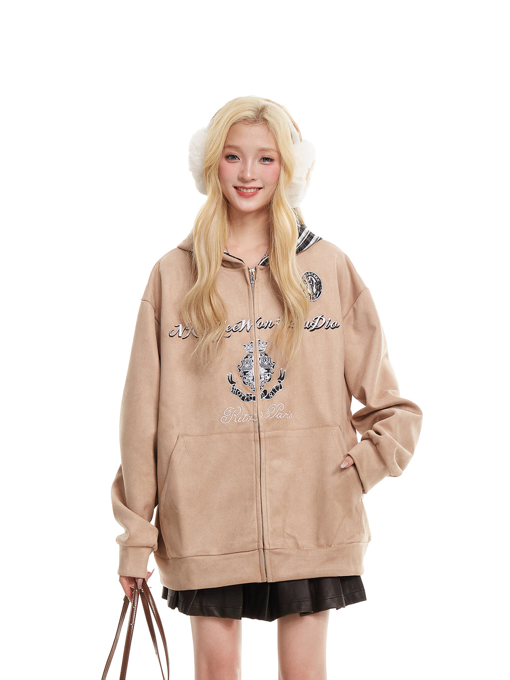 NERESUM retro plaid patchwork suede hoodie cardigan sweatshirt design oversize coat
