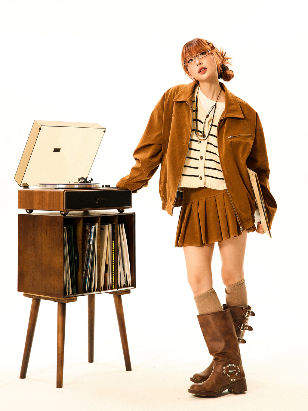 Mershier FEMALE BROWN SUEDE JACKET JACKET SKIRT SET