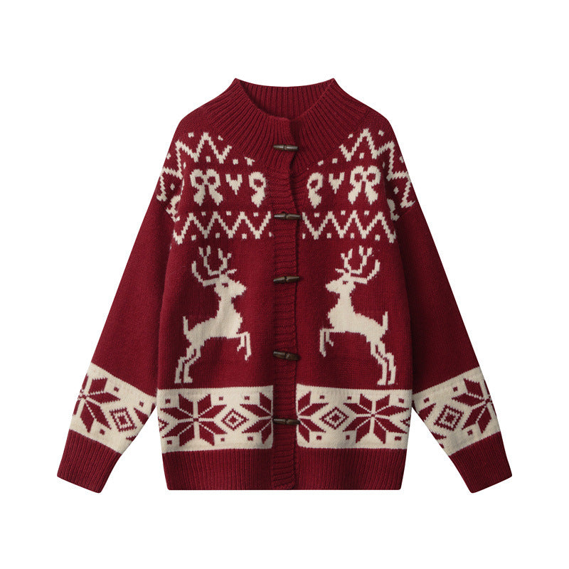 Nariele Christmas cardigan winter lazy loose knit buckle vintage sweater