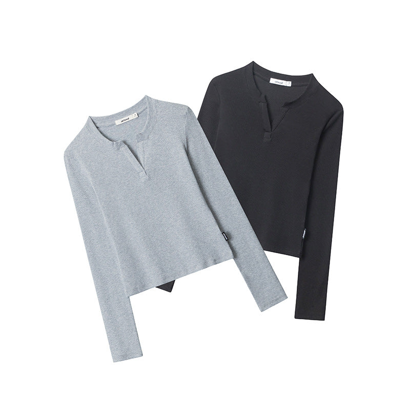 Nariele Pure Color V-neck Tight Long-sleeved Top