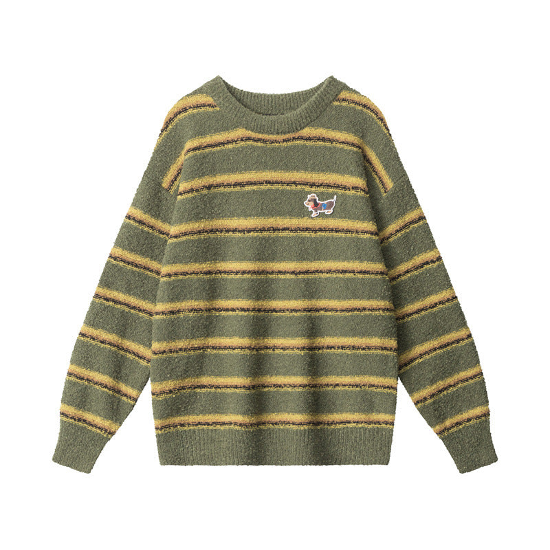 Nariele Retro Striped Crew Neck Sweater Loose Puppy Patchwork Knitwear