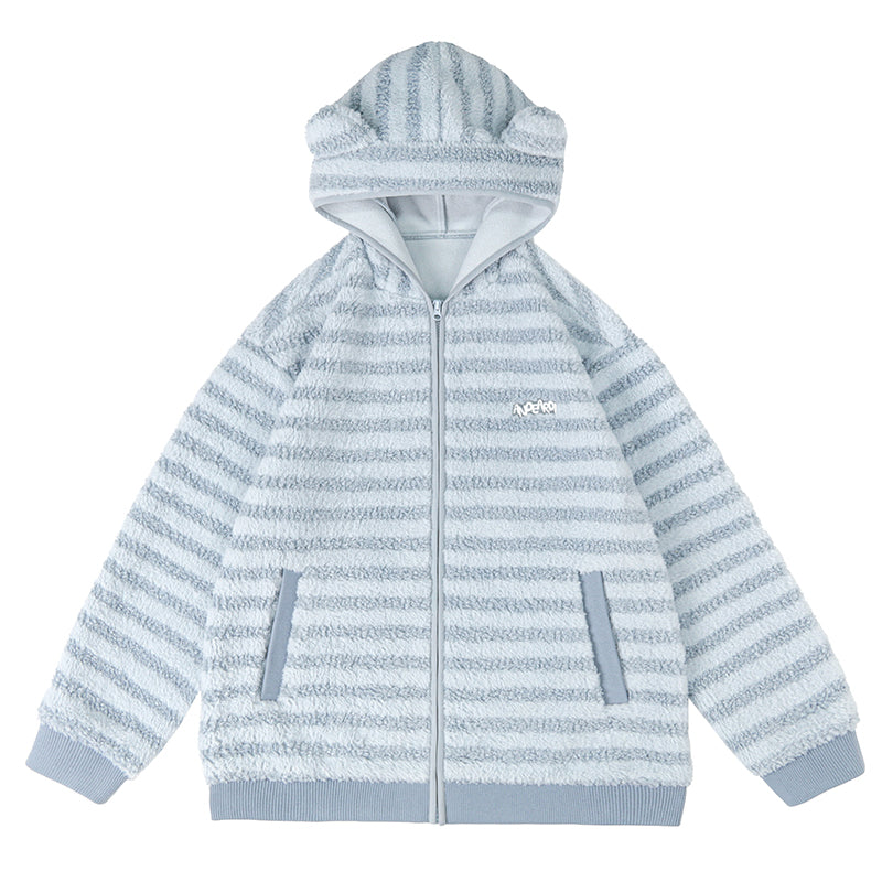 NERESUM Bear Ear Striped Fleece Hoodie Jacket Winter Cute Loose Thin Cotton Jacket