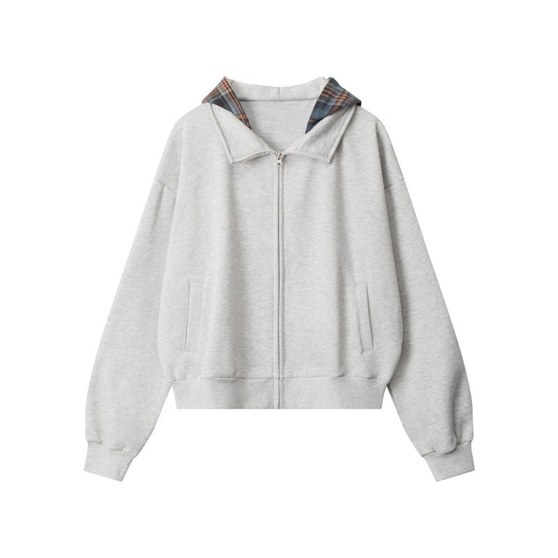 Nariele Fake Two-piece Hoodie Retro Loose Plaid Patchwork Jacket