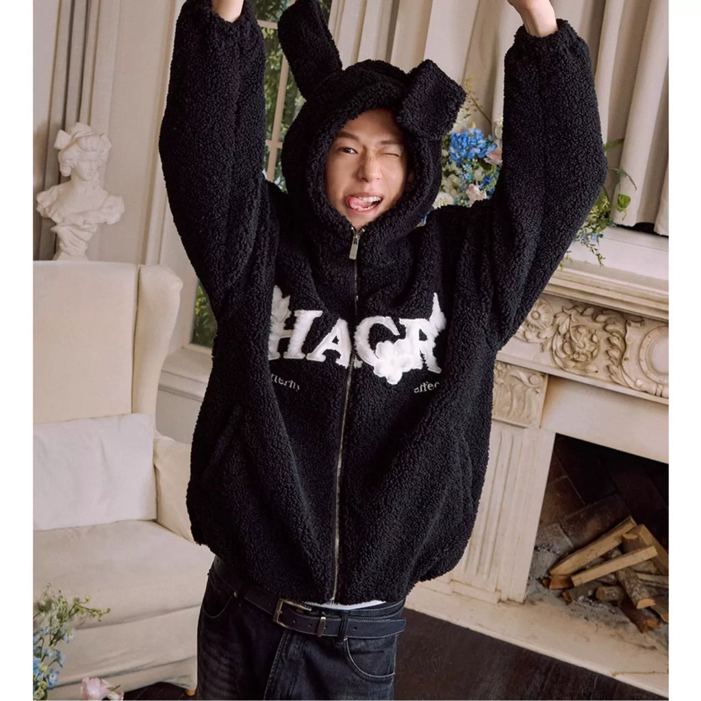 Harshandcruel Plush Ears Butterfly Floral Patch Embroidered Lambswool Hoodie