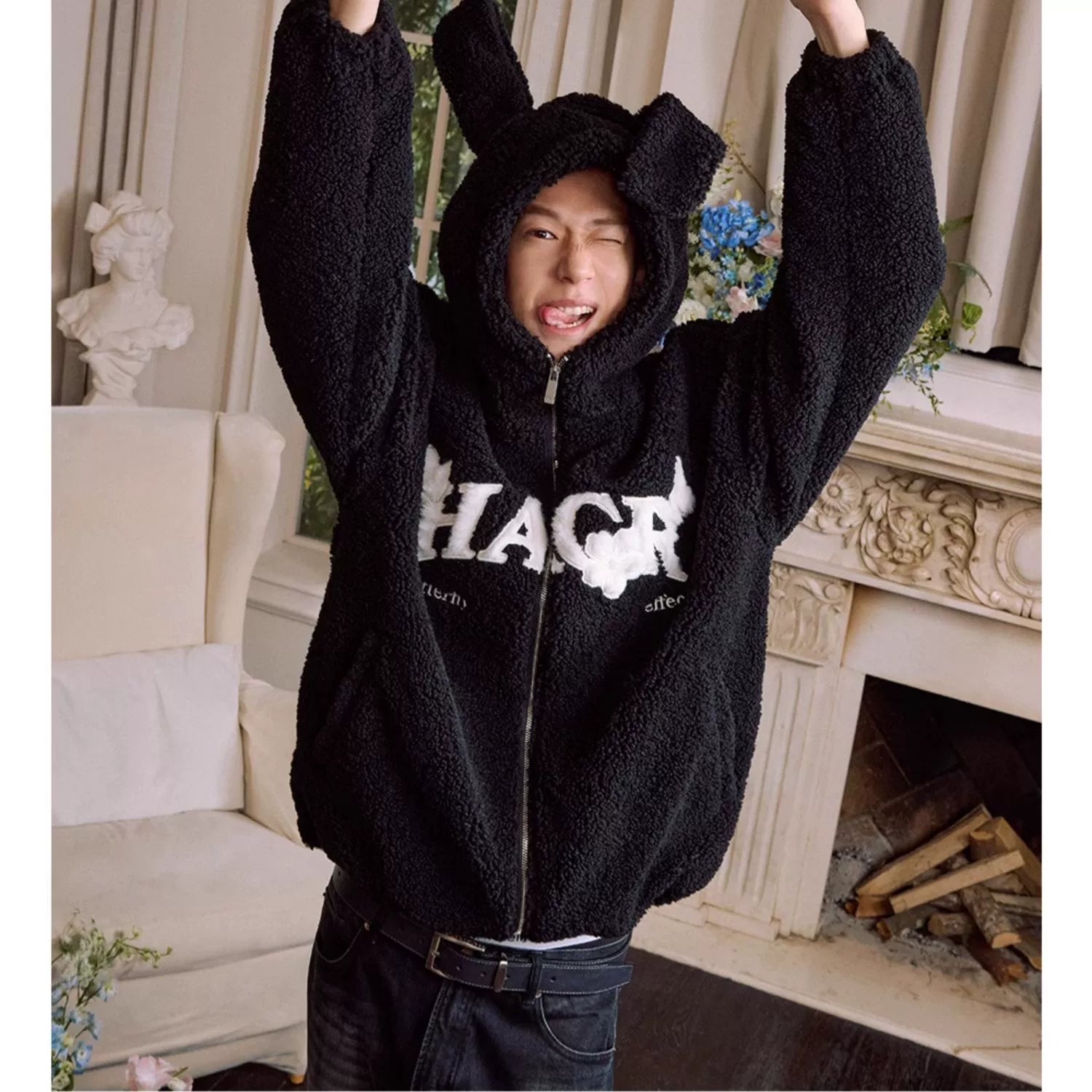 Harshandcruel Plush Ears Butterfly Floral Patch Embroidered Lambswool Hoodie