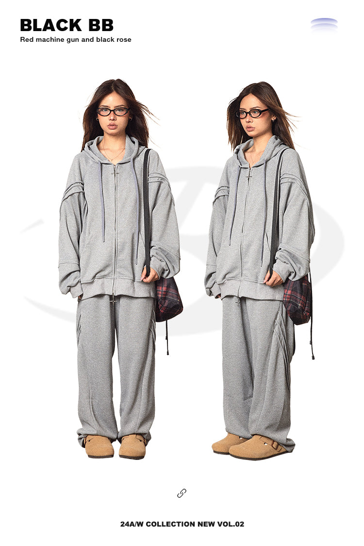 BLACKBB Lazy Hooded Long Sleeve Zip Up Set Elastic Waist Sweatpants